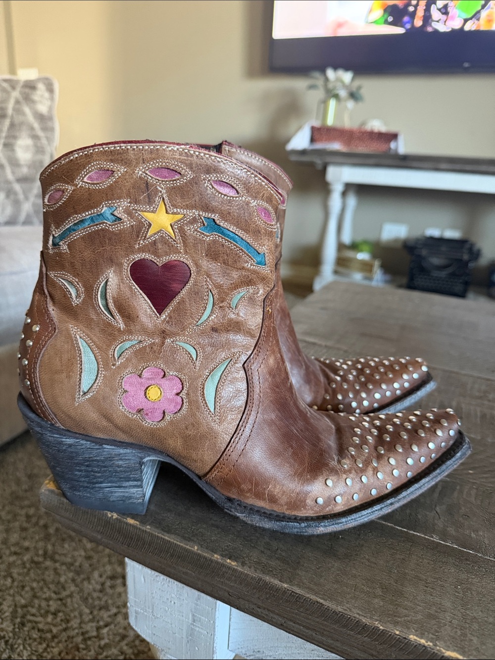 Old Gringo Brown Leather Western Ankle Boots with Colorful Inlay